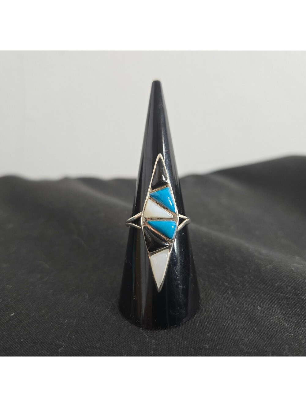 Sterling Silver Southwestern Inlay Navette Ring Turquoise Onyx Shell Size 6.5